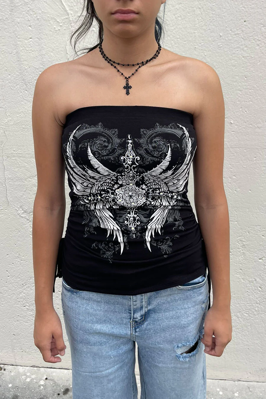 Y2K McBling Pierce Cross & Angel Wing RhineStone Print Side Shirred Tube Top - Image 4