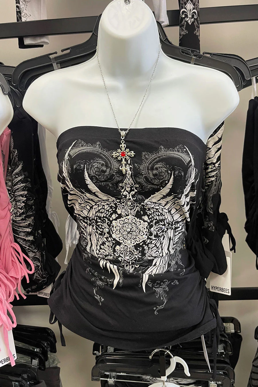 Y2K McBling Pierce Cross & Angel Wing RhineStone Print Side Shirred Tube Top - Image 7