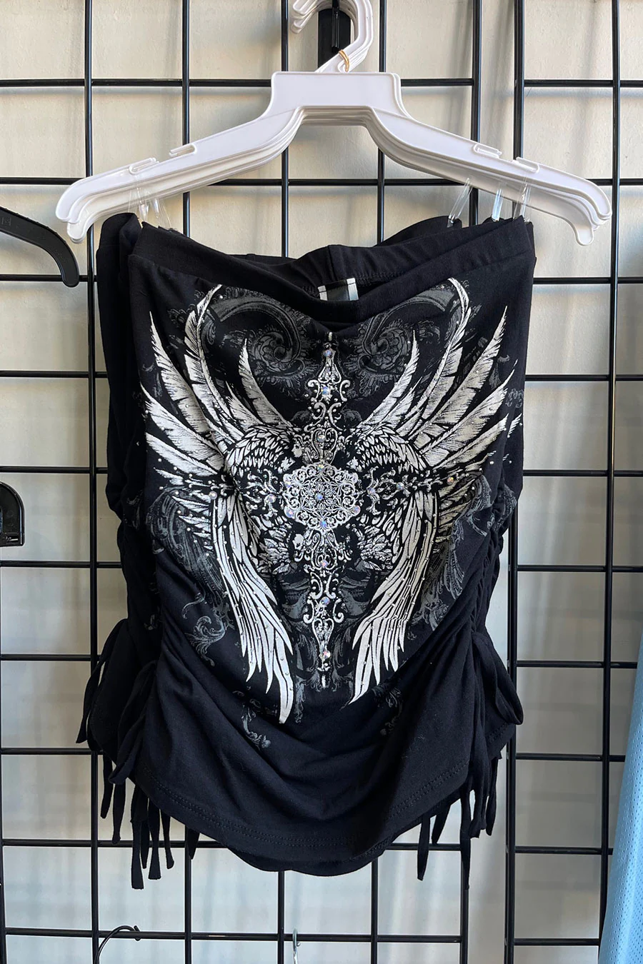 Y2K McBling Pierce Cross & Angel Wing RhineStone Print Side Shirred Tube Top - Image 8