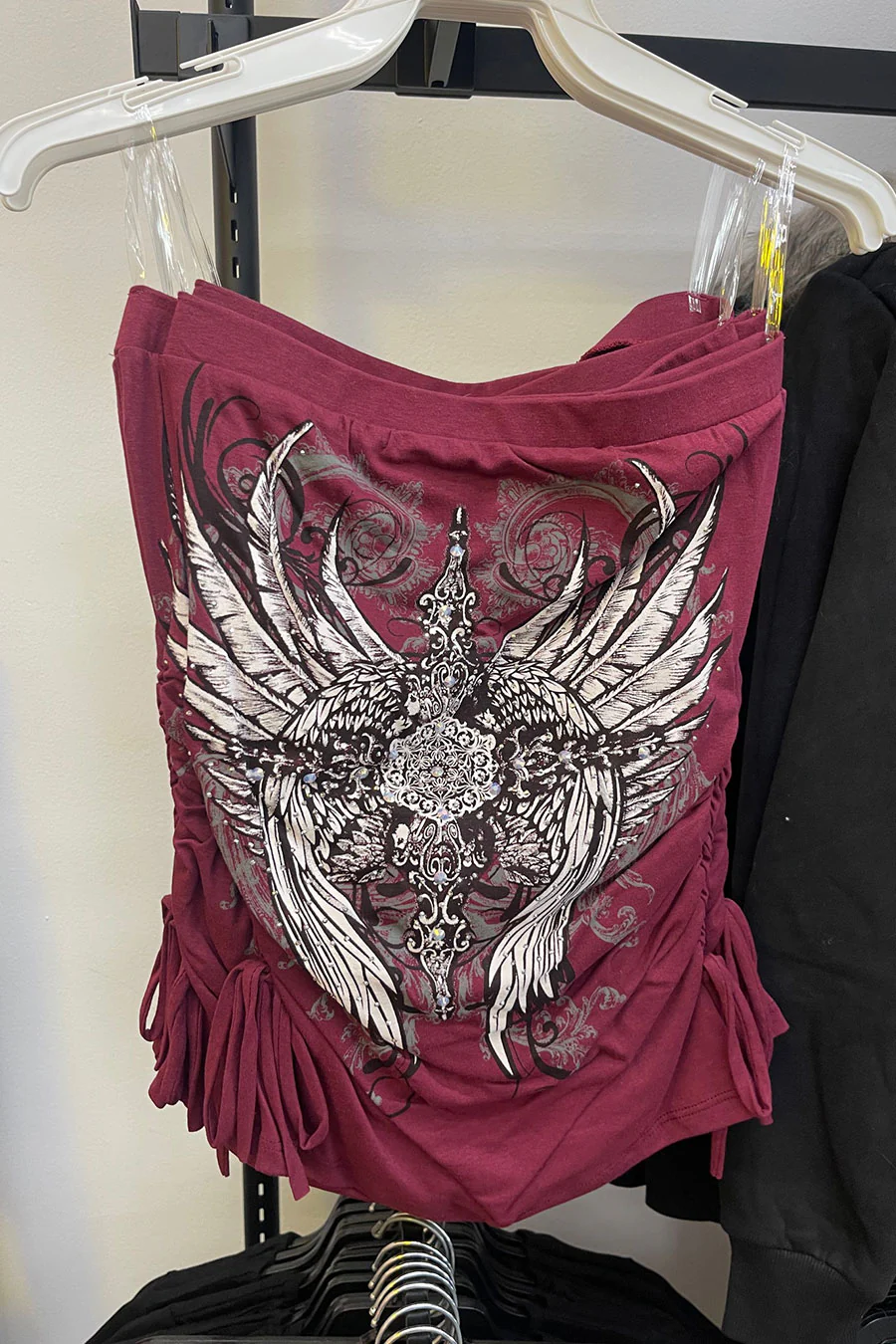 Y2K McBling Pierce Cross & Angel Wing RhineStone Print Side Shirred Tube Top - Image 9