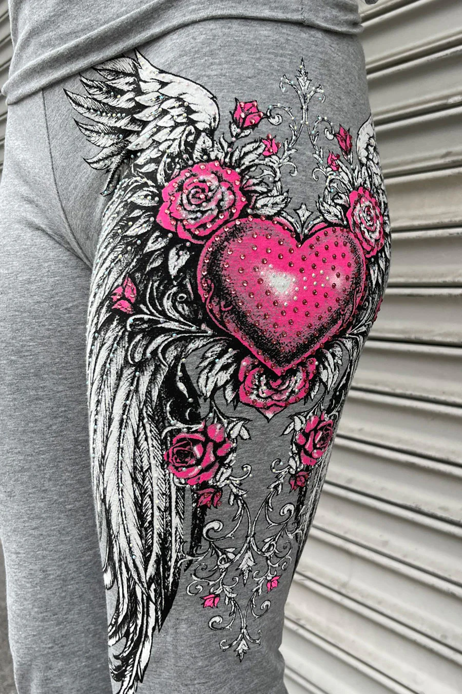 Y2K McBling Pink Heart, Rose & Wing Graphic Rhinestone Print Fold-Over Flare Pants - Image 10