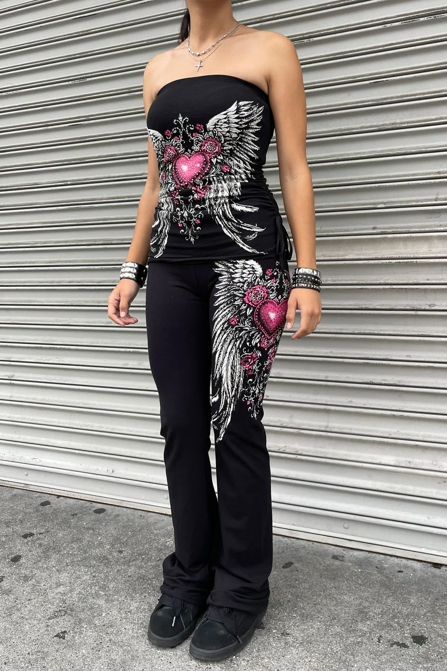 Y2K McBling Pink Heart, Rose & Wing Graphic Rhinestone Print Fold-Over Flare Pants - Image 12