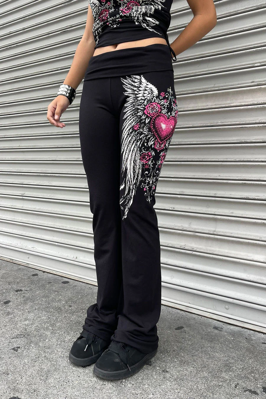 Y2K McBling Pink Heart, Rose & Wing Graphic Rhinestone Print Fold-Over Flare Pants - Image 2