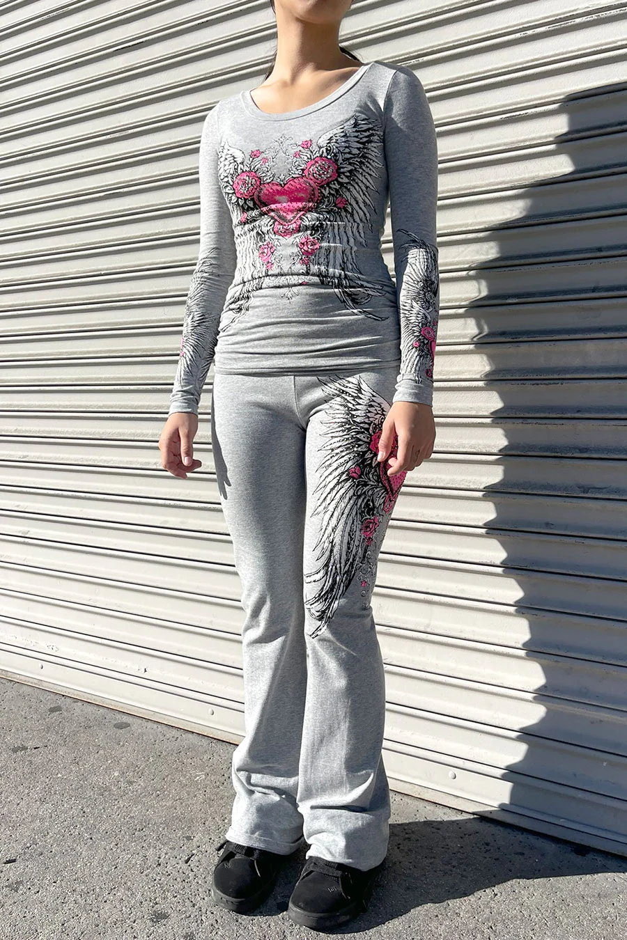 Y2K McBling Pink Heart, Rose & Wing Graphic Rhinestone Print Fold-Over Flare Pants - Image 3
