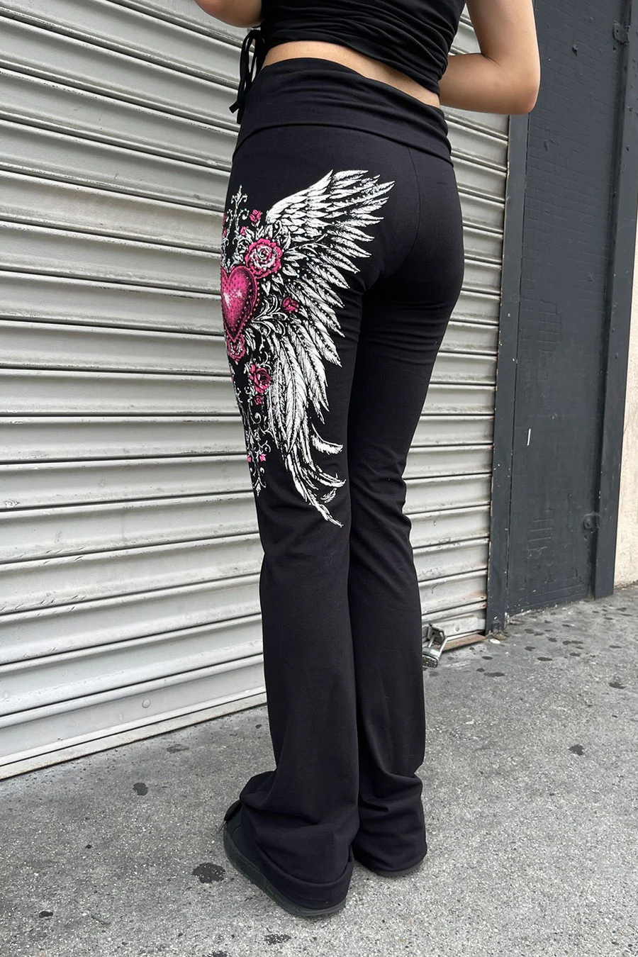 Y2K McBling Pink Heart, Rose & Wing Graphic Rhinestone Print Fold-Over Flare Pants - Image 5