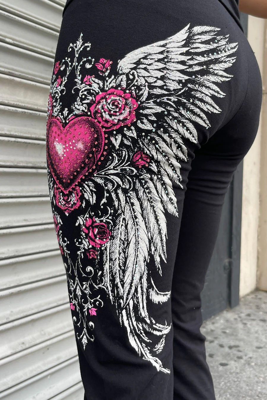 Y2K McBling Pink Heart, Rose & Wing Graphic Rhinestone Print Fold-Over Flare Pants - Image 6