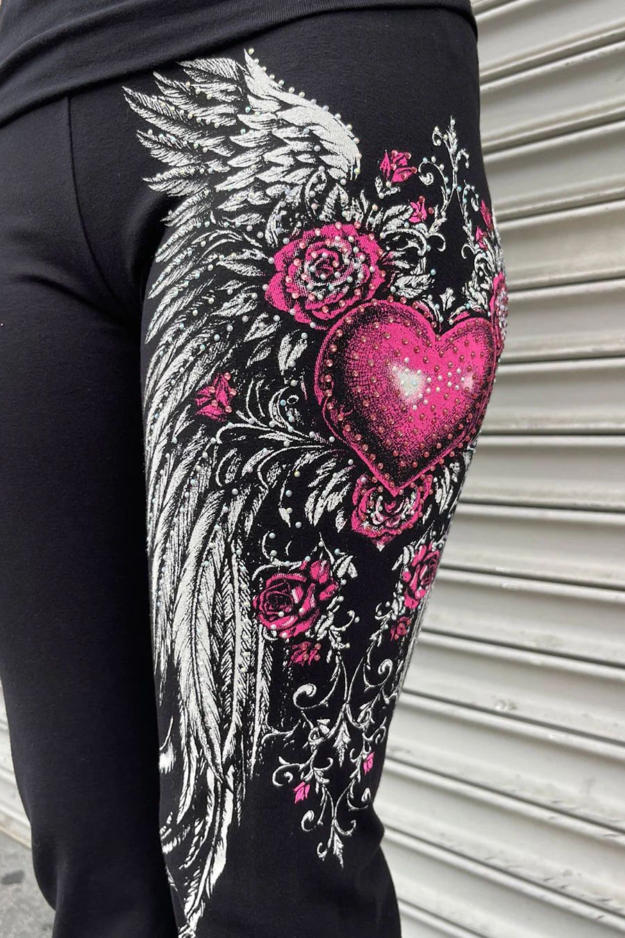 Y2K McBling Pink Heart, Rose & Wing Graphic Rhinestone Print Fold-Over Flare Pants - Image 7