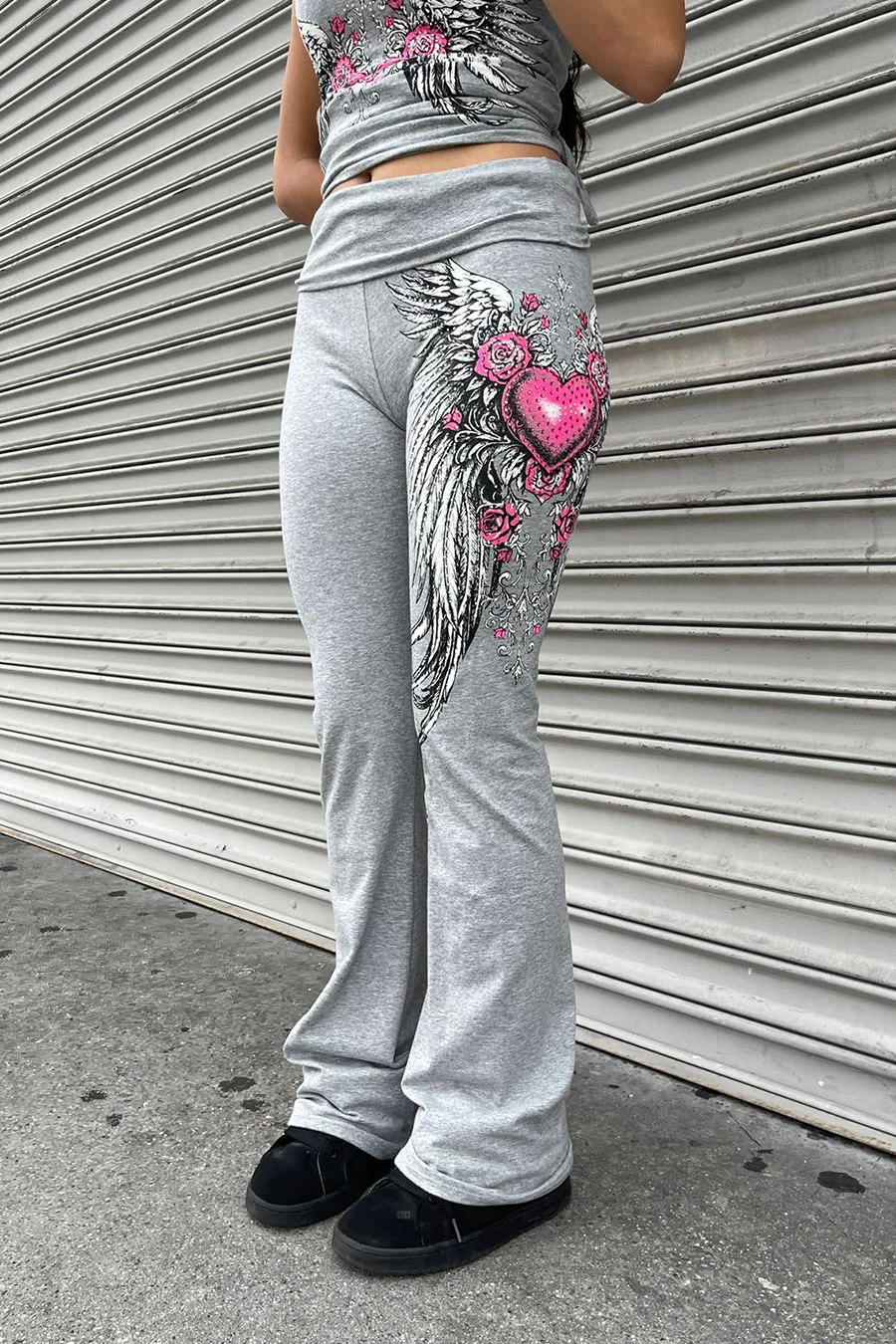 Y2K McBling Pink Heart, Rose & Wing Graphic Rhinestone Print Fold-Over Flare Pants - Image 8