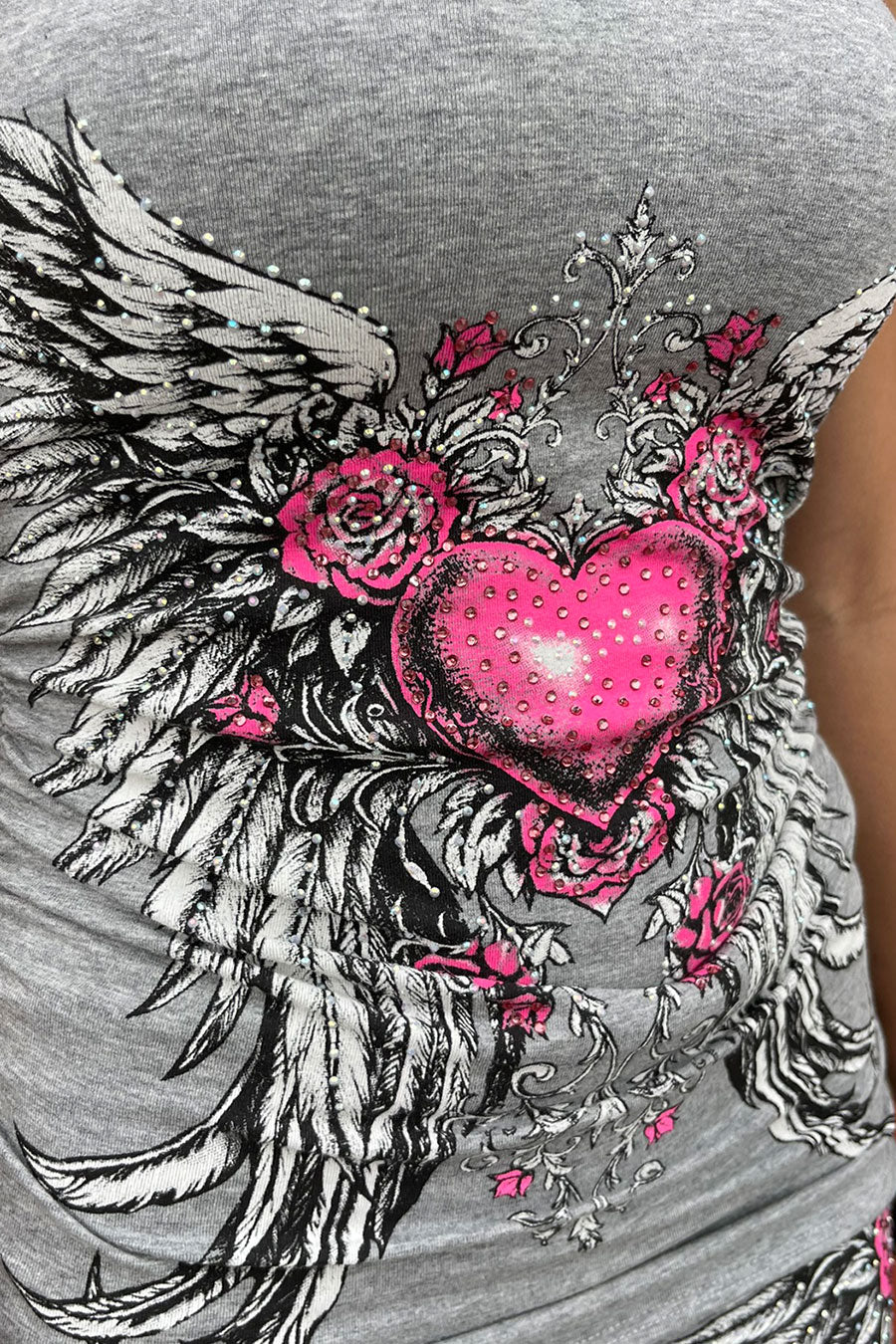 Y2K McBling Pink Heart, Rose & Wing RhineStone Print Side Shirred Tube Top Black - Image 12