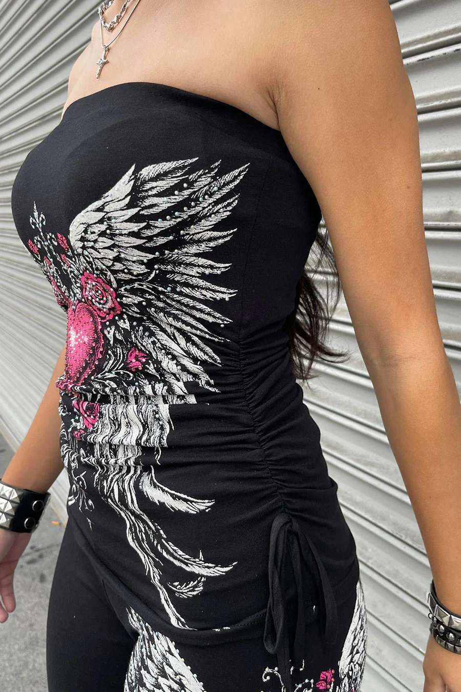 Y2K McBling Pink Heart, Rose & Wing RhineStone Print Side Shirred Tube Top Black - Image 4