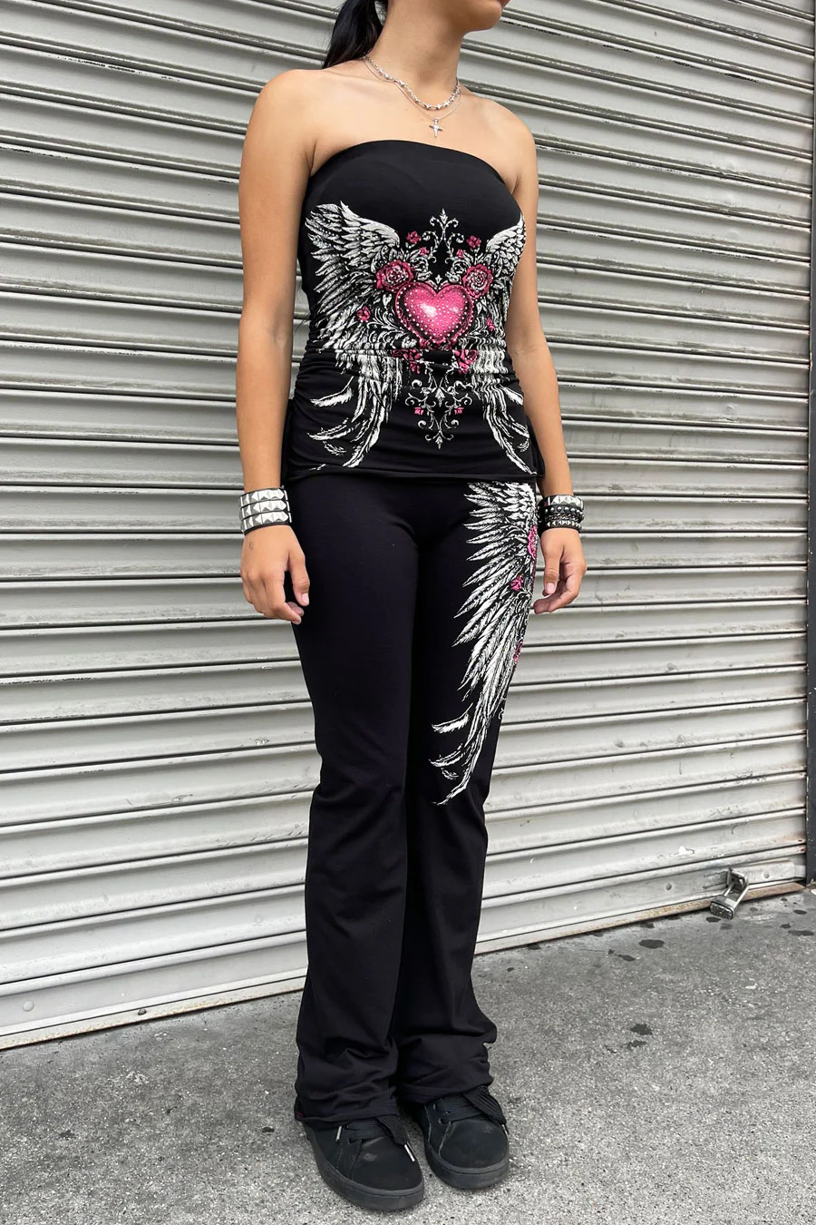 Y2K McBling Pink Heart, Rose & Wing RhineStone Print Side Shirred Tube Top Black - Image 7