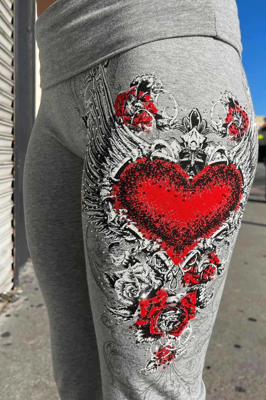 Y2K McBling Red Heart Graphic Rhinestone Print Fold-Over Flare Pants - Image 2