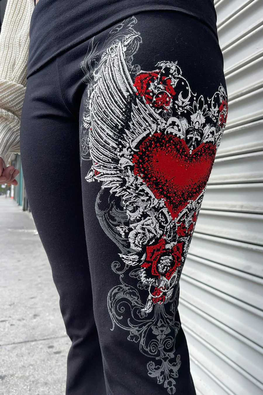 Y2K McBling Red Heart Graphic Rhinestone Print Fold-Over Flare Pants - Image 3