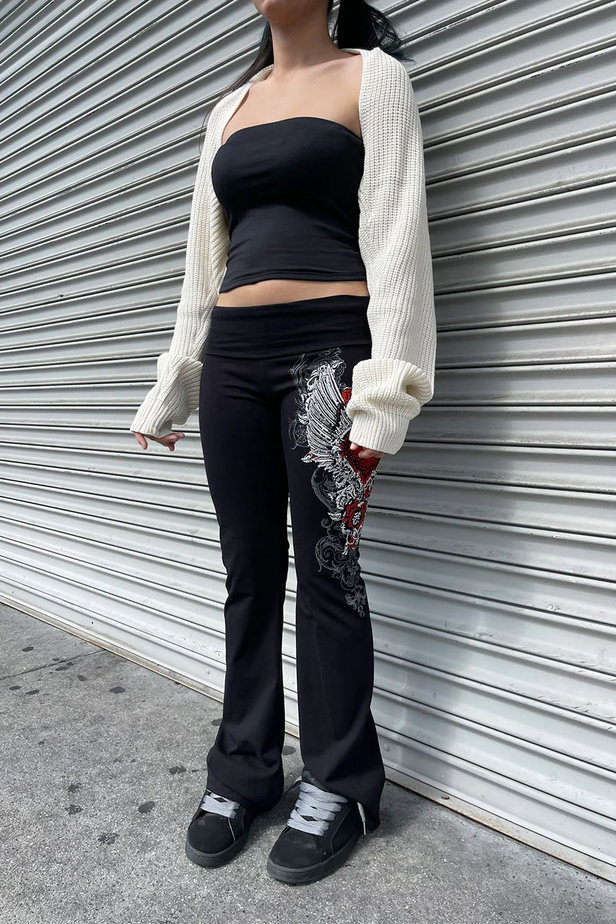 Y2K McBling Red Heart Graphic Rhinestone Print Fold-Over Flare Pants - Image 6