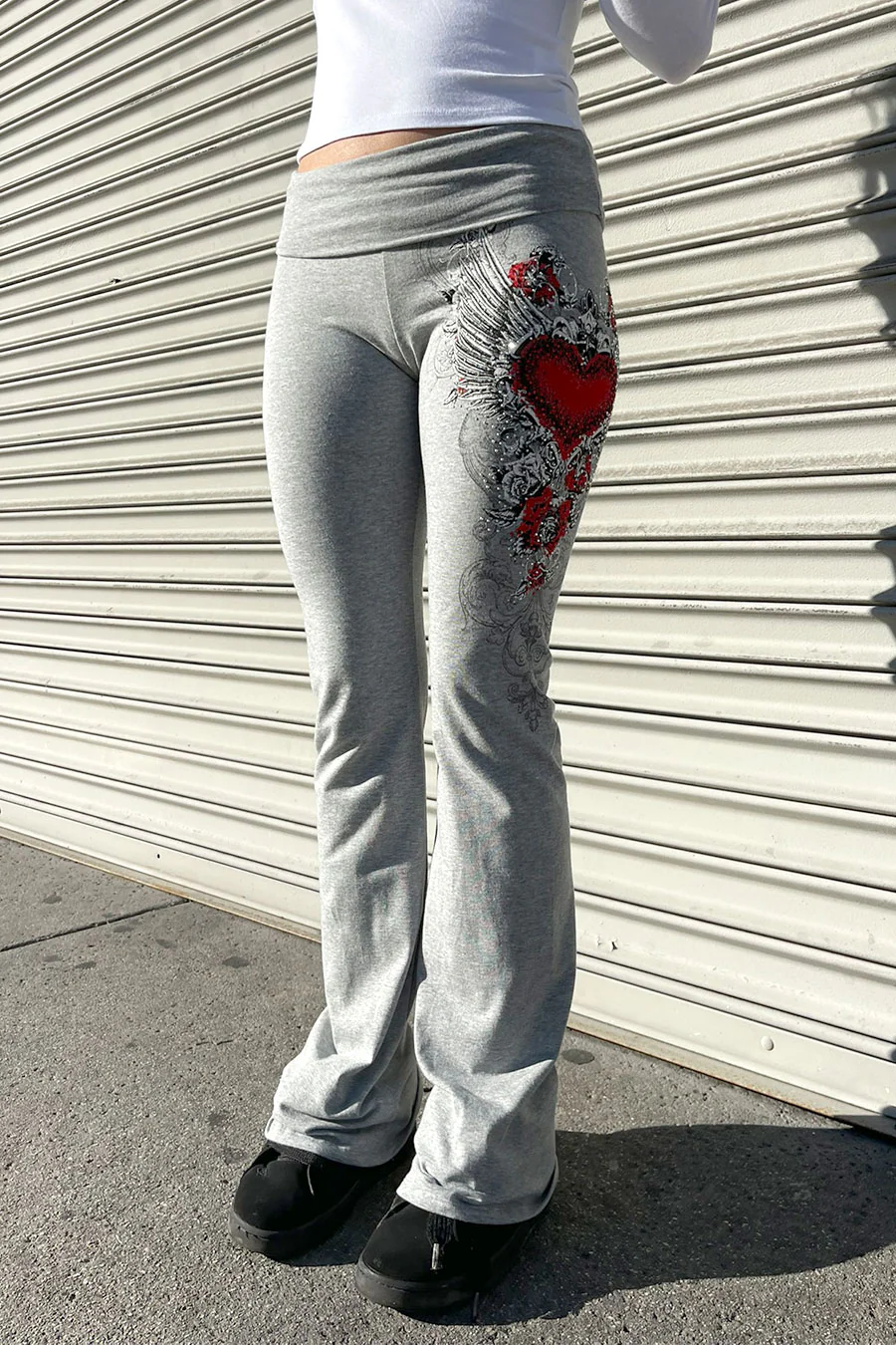 Y2K McBling Red Heart Graphic Rhinestone Print Fold-Over Flare Pants - Image 7