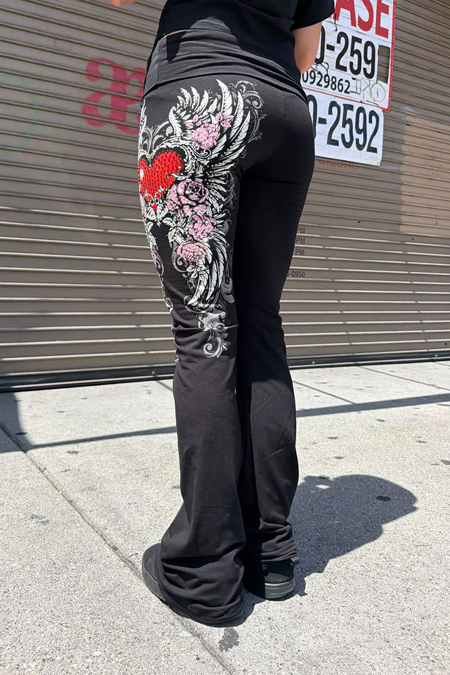 Y2K McBling Red Heart Pink Rose Rhinestone Print Fold-Over Flare Pants - Image 2