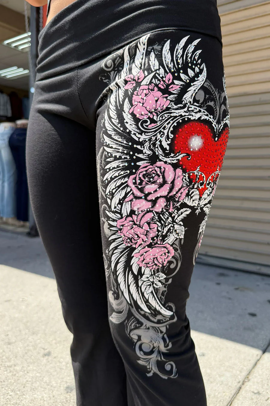 Y2K McBling Red Heart Pink Rose Rhinestone Print Fold-Over Flare Pants - Image 3