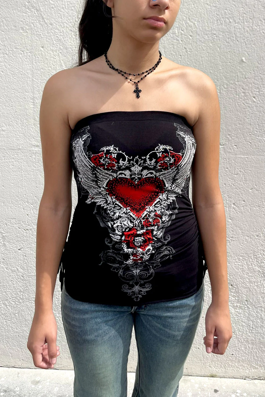 Y2K McBling Red Heart RhineStone Print Side Shirred Tube Top Black - Image 2