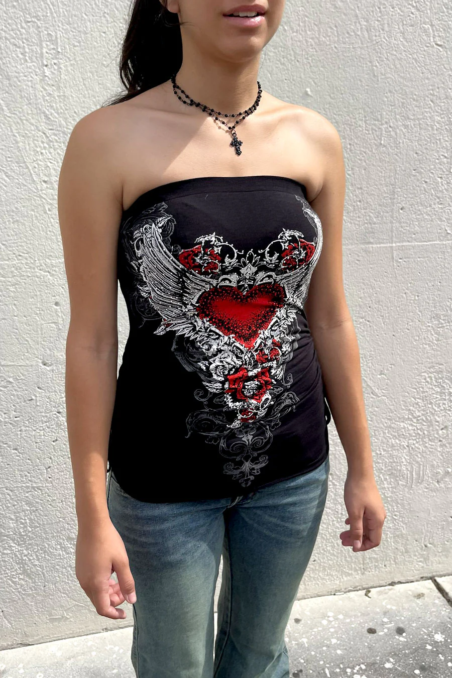 Y2K McBling Red Heart RhineStone Print Side Shirred Tube Top Black - Image 3