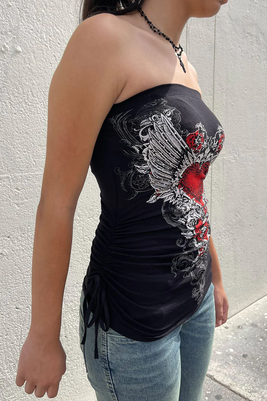 Y2K McBling Red Heart RhineStone Print Side Shirred Tube Top Black - Image 4