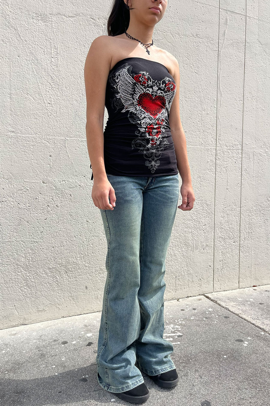 Y2K McBling Red Heart RhineStone Print Side Shirred Tube Top Black - Image 6
