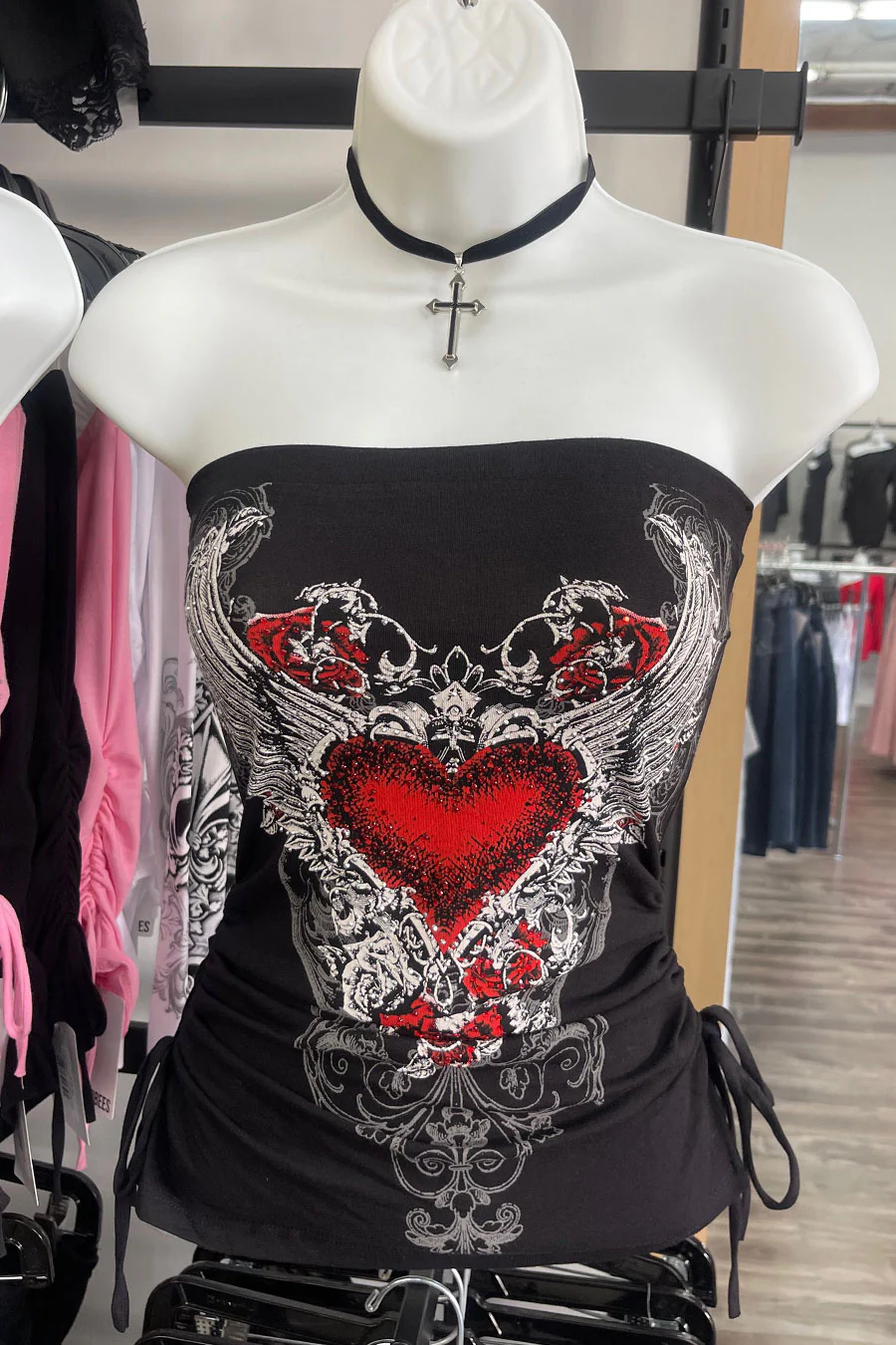 Y2K McBling Red Heart RhineStone Print Side Shirred Tube Top Black - Image 8
