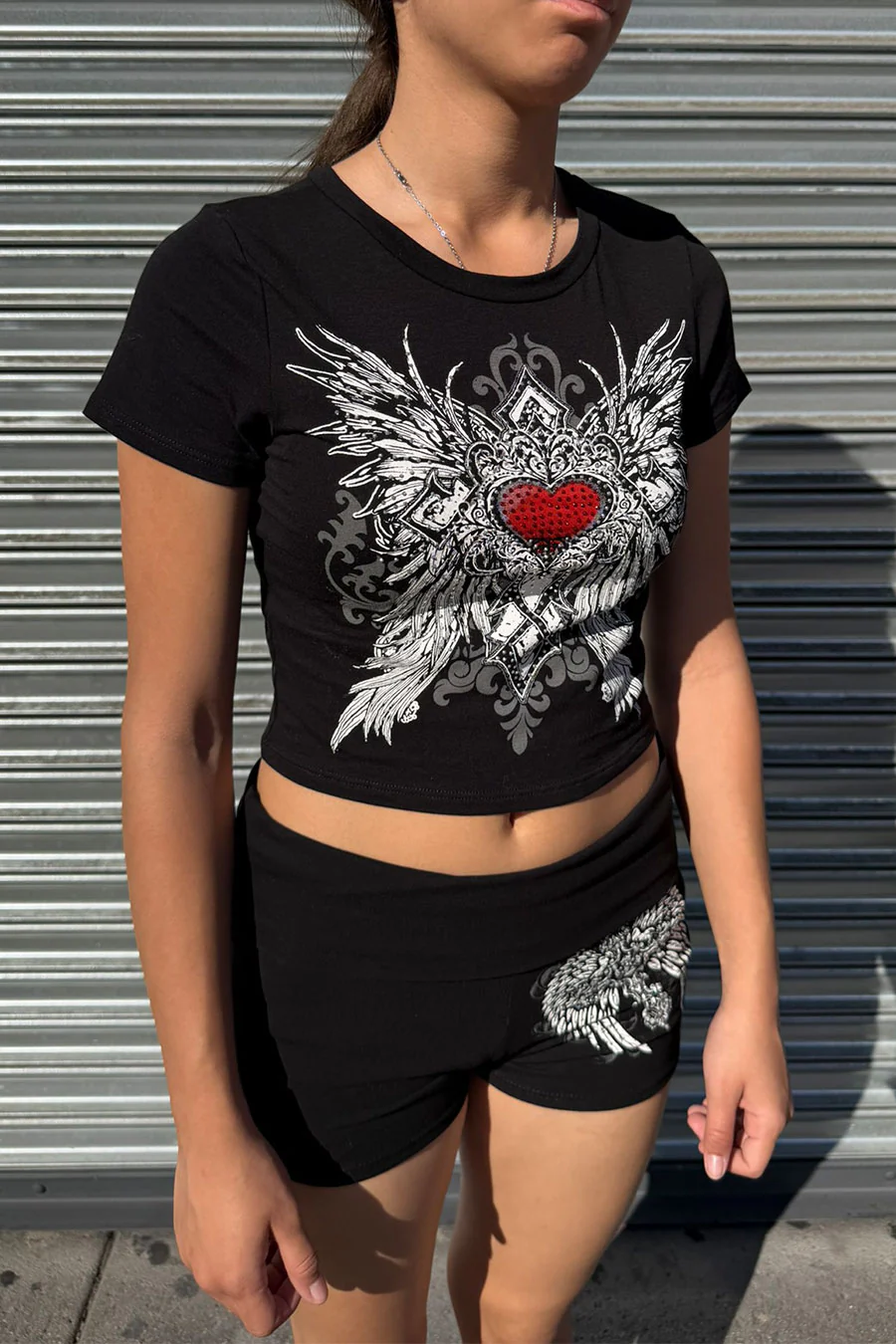Y2K McBling Red Love Heart Rhinestone Print Crew Neck Short Sleeve Crop Top