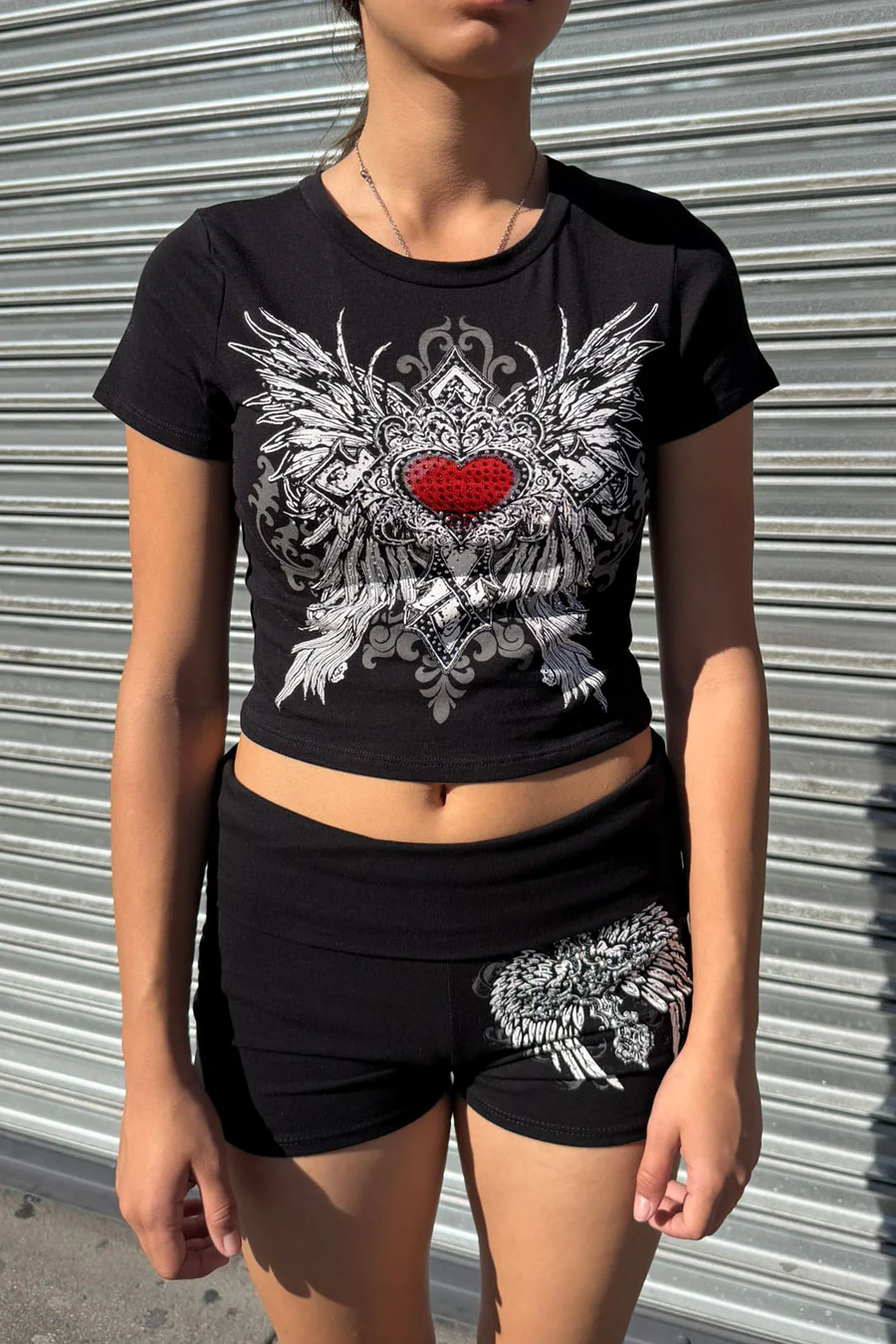 Y2K McBling Red Love Heart Rhinestone Print Crew Neck Short Sleeve Crop Top - Image 3
