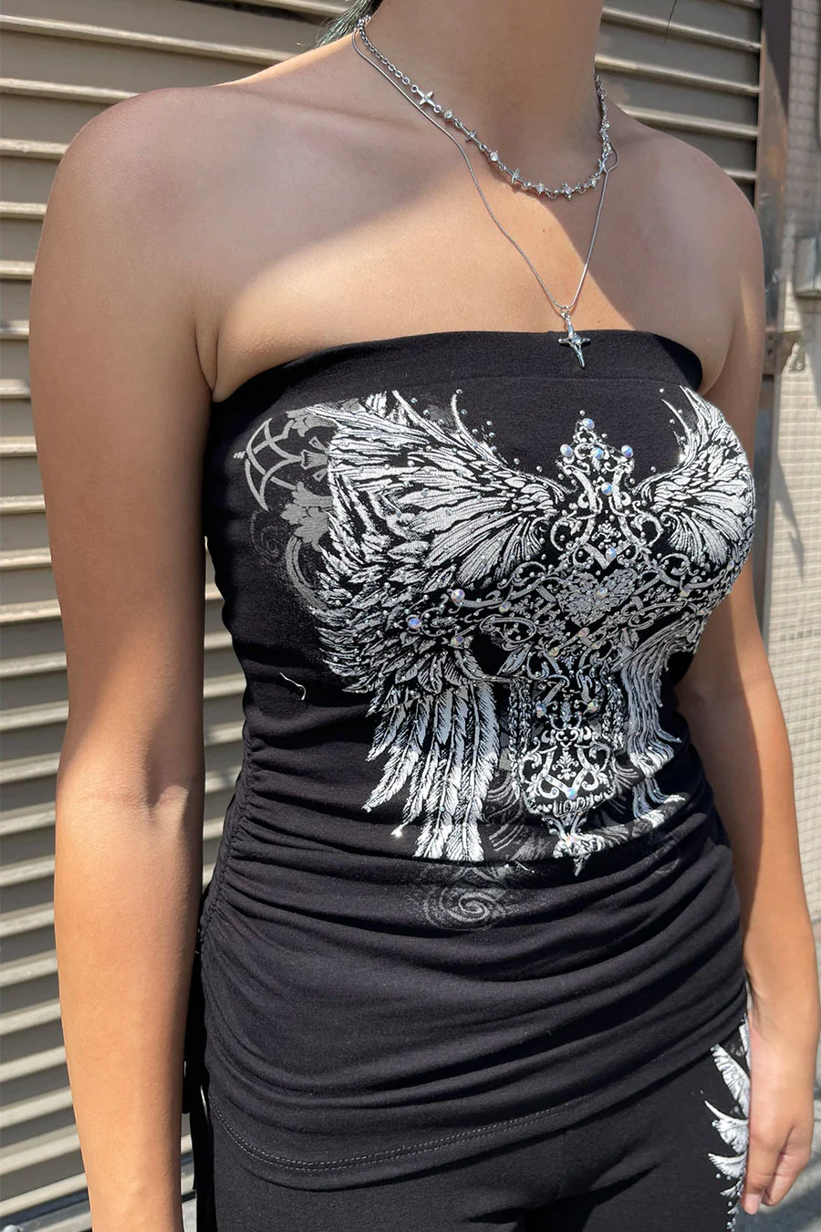 Y2K McBling Small Heart Cross & Wing Graphic RhineStone Print Side Shirred Tube Top - Image 6