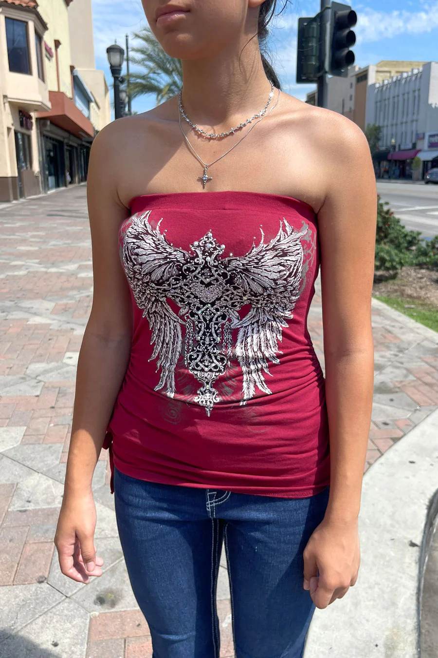 Y2K McBling Small Heart Cross & Wing Graphic RhineStone Print Side Shirred Tube Top - Image 9