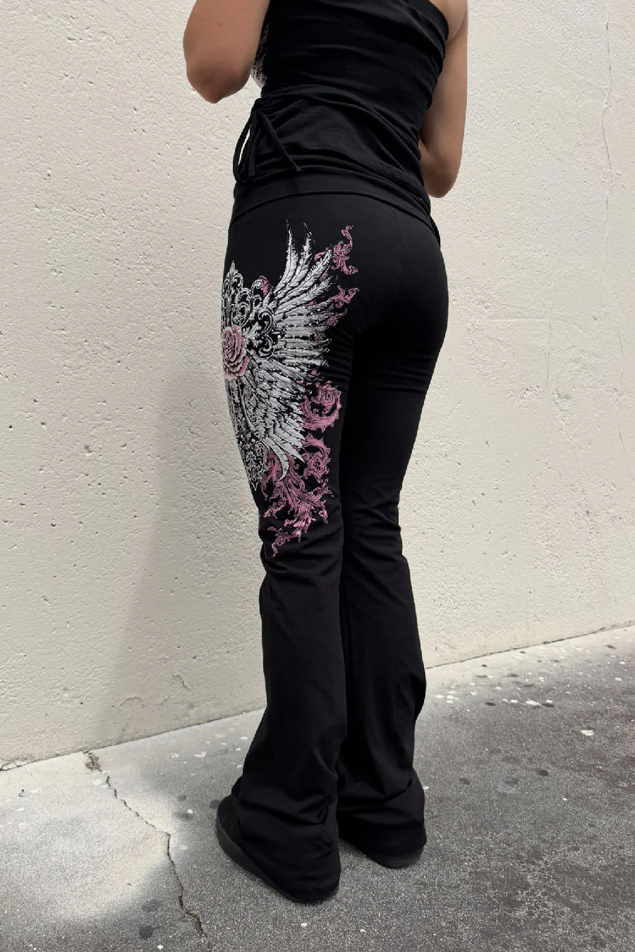 Y2K McBling Soft Pink Rose & Wing Graphic Rhinestone Print Fold-Over Flare Pants - Image 10