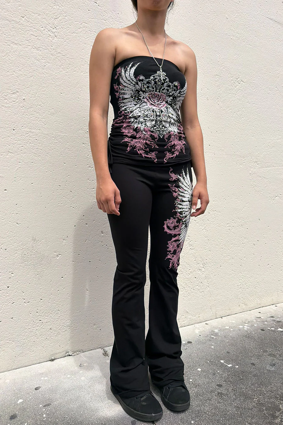 Y2K McBling Soft Pink Rose & Wing Graphic Rhinestone Print Fold-Over Flare Pants - Image 11