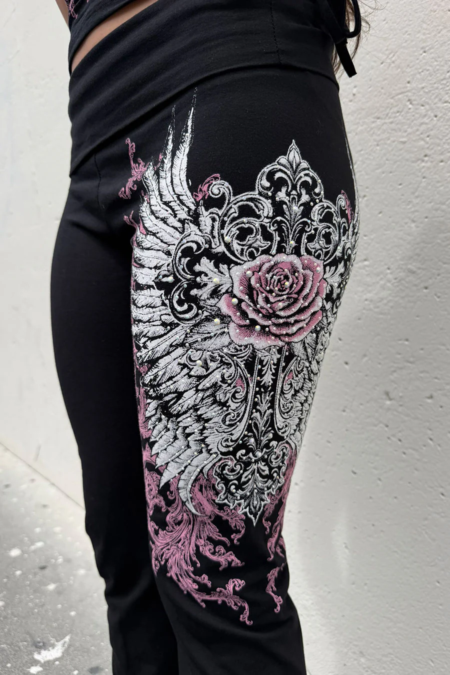 Y2K McBling Soft Pink Rose & Wing Graphic Rhinestone Print Fold-Over Flare Pants - Image 12