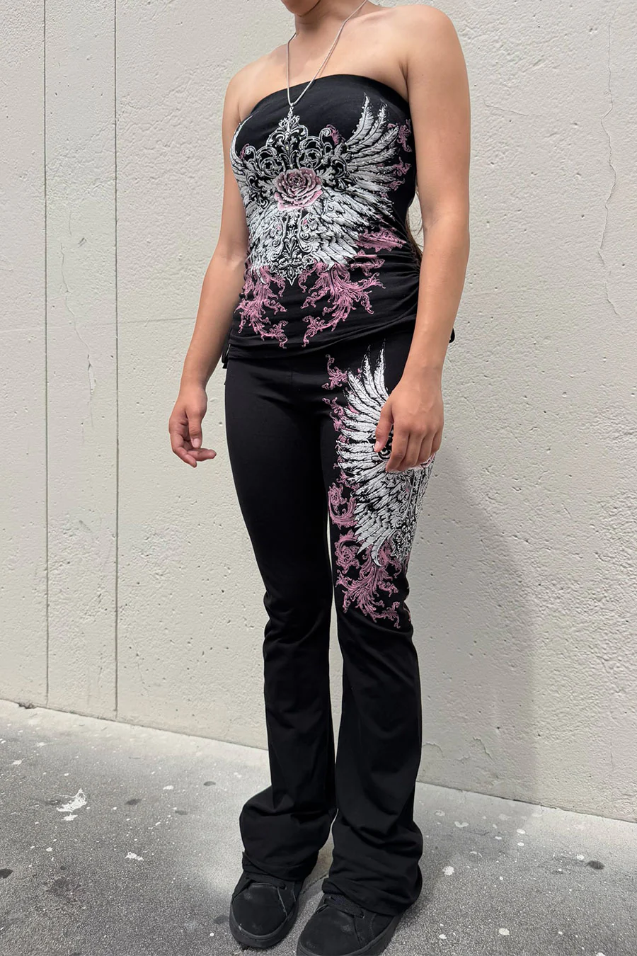 Y2K McBling Soft Pink Rose & Wing Graphic Rhinestone Print Fold-Over Flare Pants - Image 13