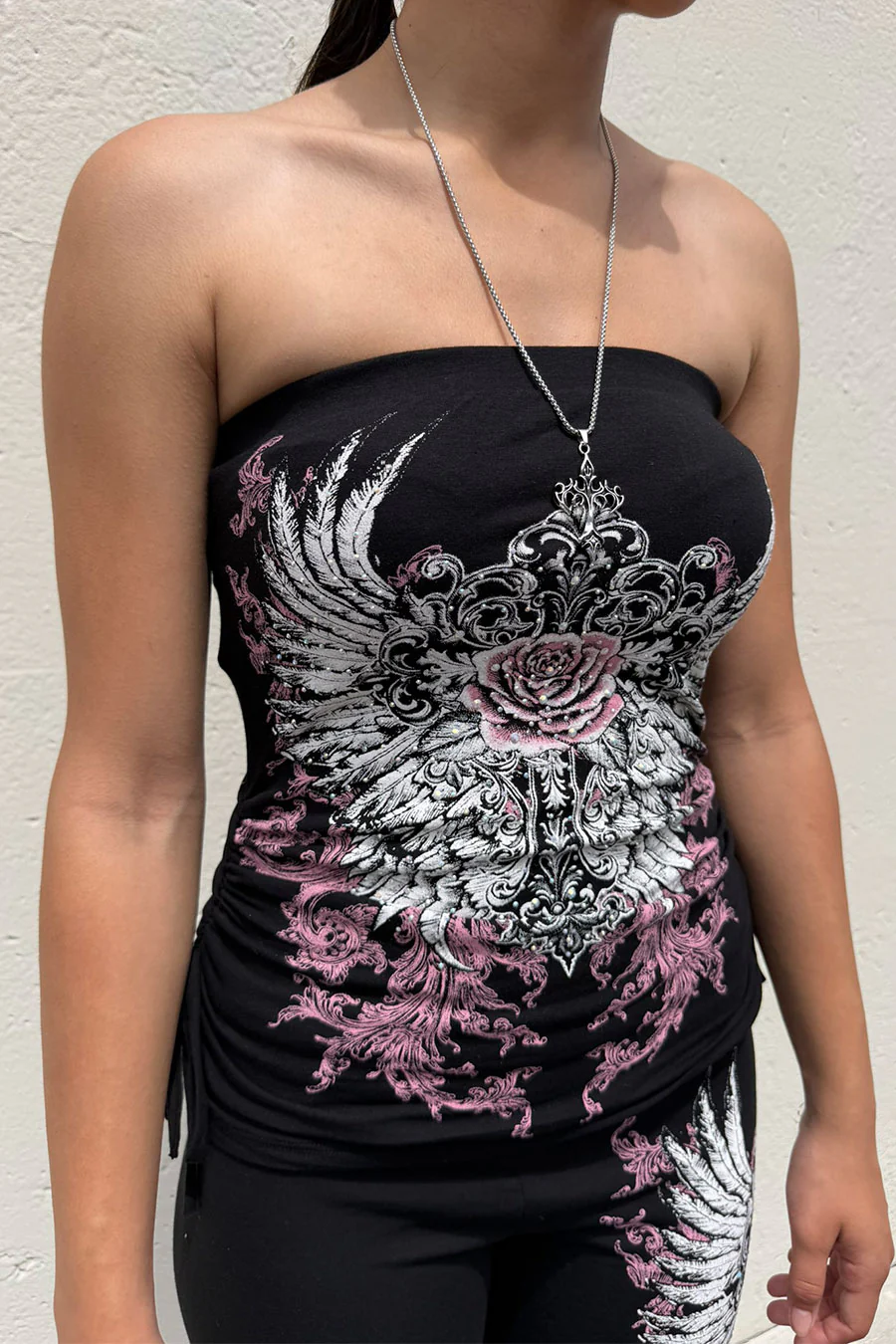 Y2K McBling Soft Pink Rose & Wing RhineStone Print Side Shirred Tube Top Black - Image 11