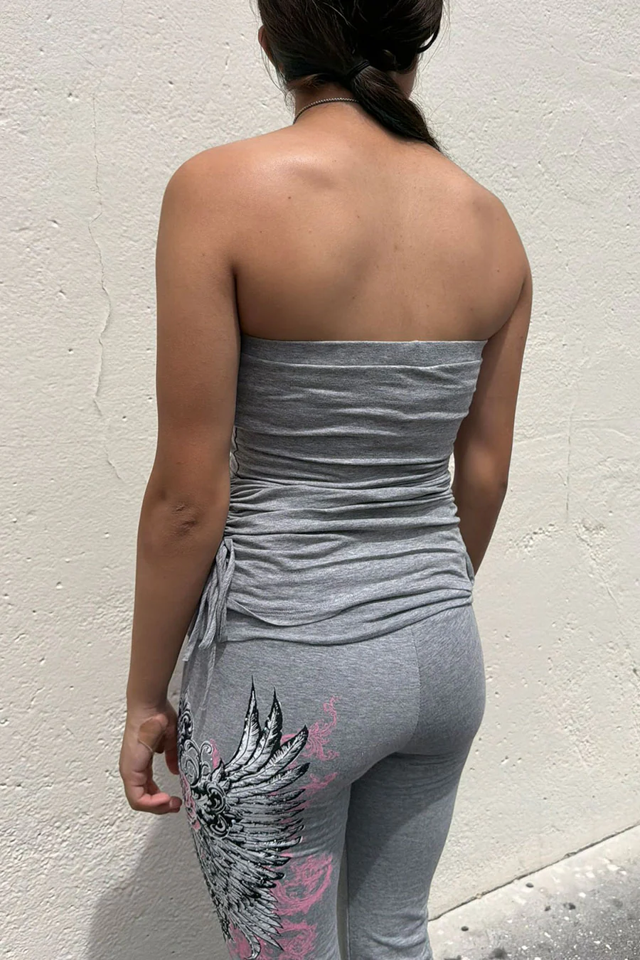 Y2K McBling Soft Pink Rose & Wing RhineStone Print Side Shirred Tube Top Black - Image 2