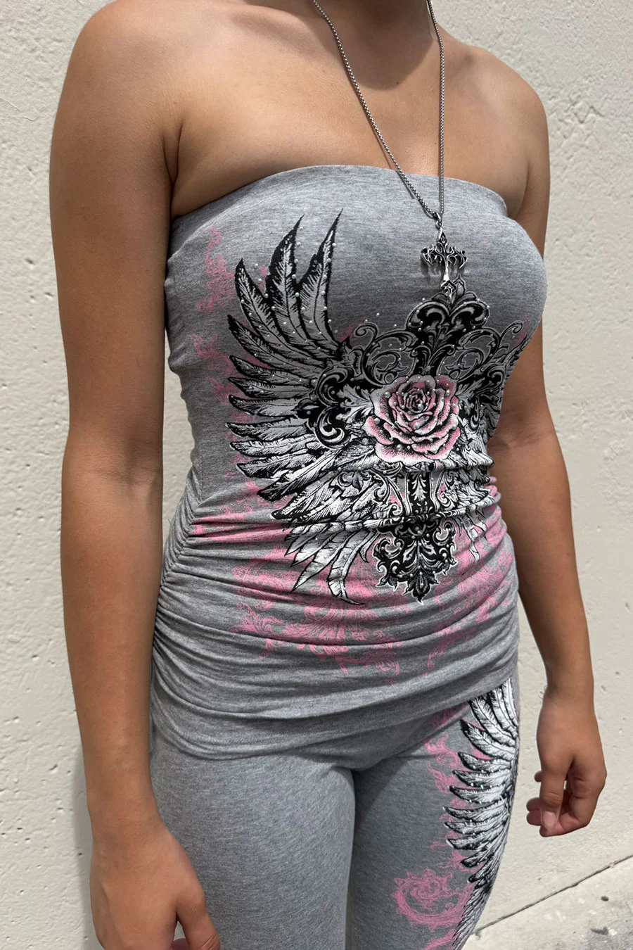Y2K McBling Soft Pink Rose & Wing RhineStone Print Side Shirred Tube Top Black - Image 6