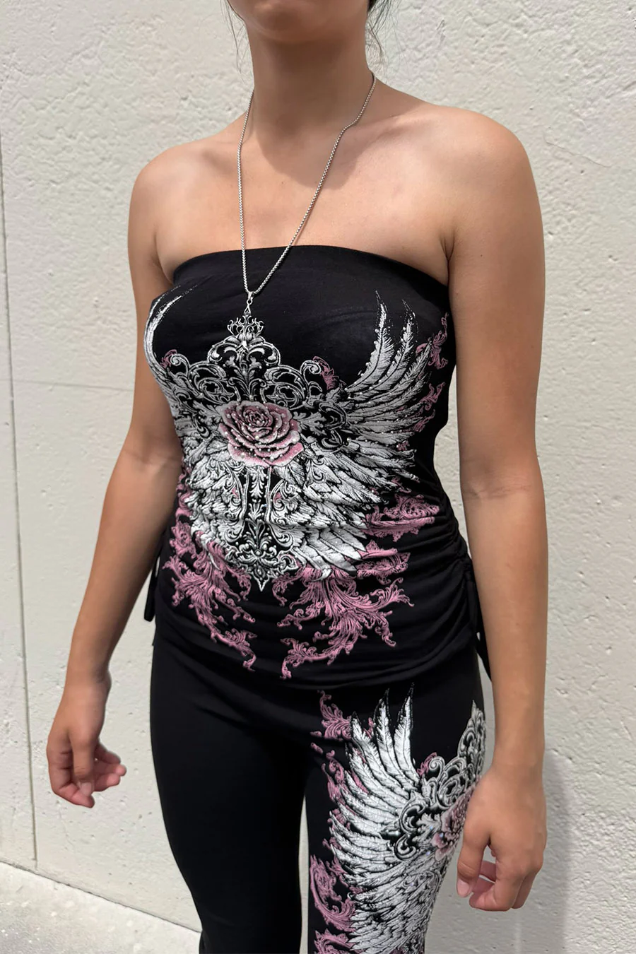 Y2K McBling Soft Pink Rose & Wing RhineStone Print Side Shirred Tube Top Black - Image 7
