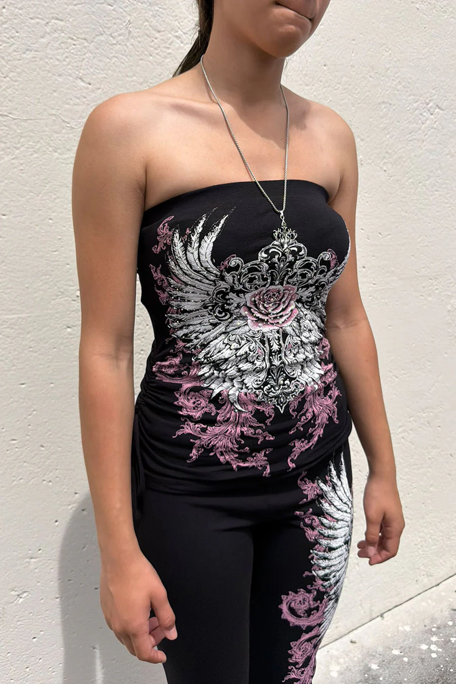 Y2K McBling Soft Pink Rose & Wing RhineStone Print Side Shirred Tube Top Black - Image 8