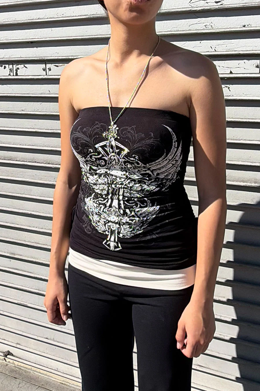 Y2K McBling Two-Wing RhineStone Print Side Shirred Tube Top Black