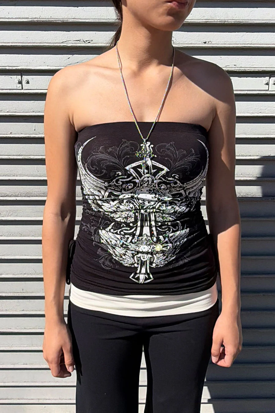 Y2K McBling Two-Wing RhineStone Print Side Shirred Tube Top Black - Image 2