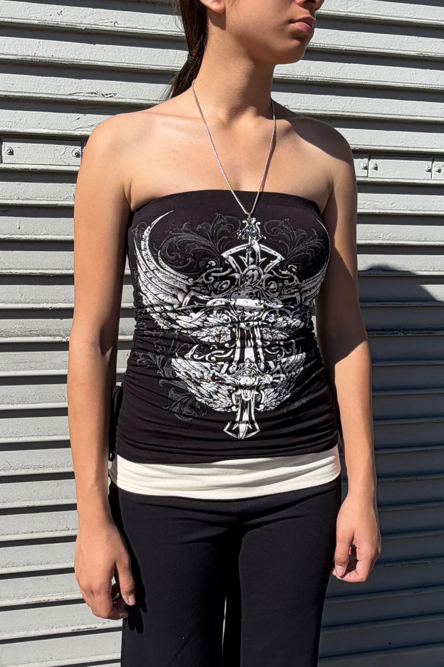 Y2K McBling Two-Wing RhineStone Print Side Shirred Tube Top Black - Image 3