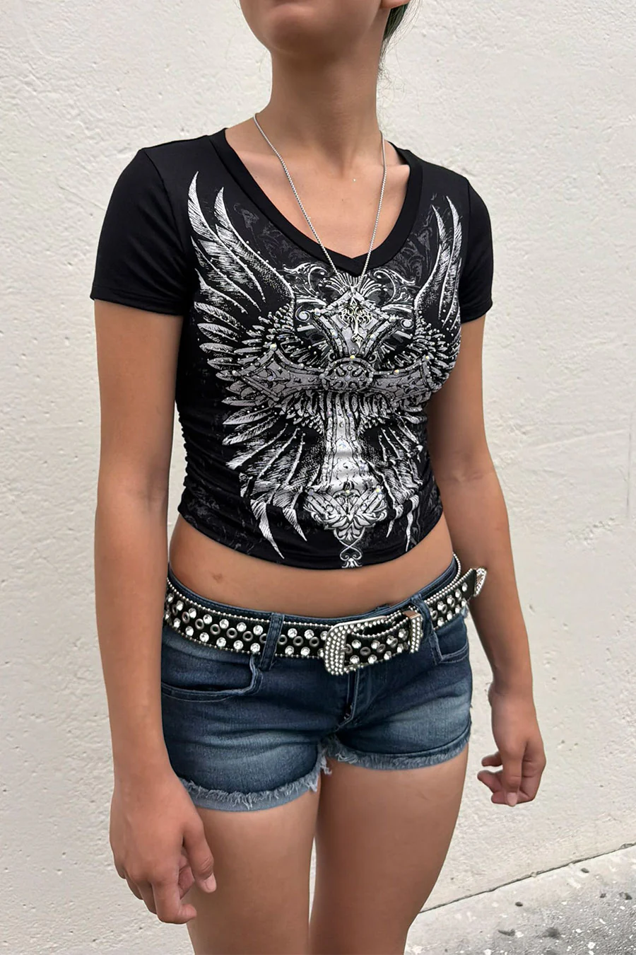 Y2K McBling Wing & Cross Rhinestone Print V-Neck Short Sleeve Side Shirred Crop Top