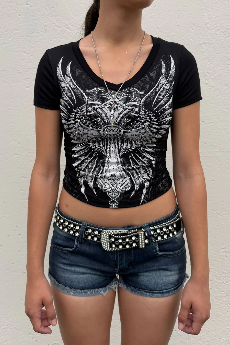Y2K McBling Wing & Cross Rhinestone Print V-Neck Short Sleeve Side Shirred Crop Top - Image 2
