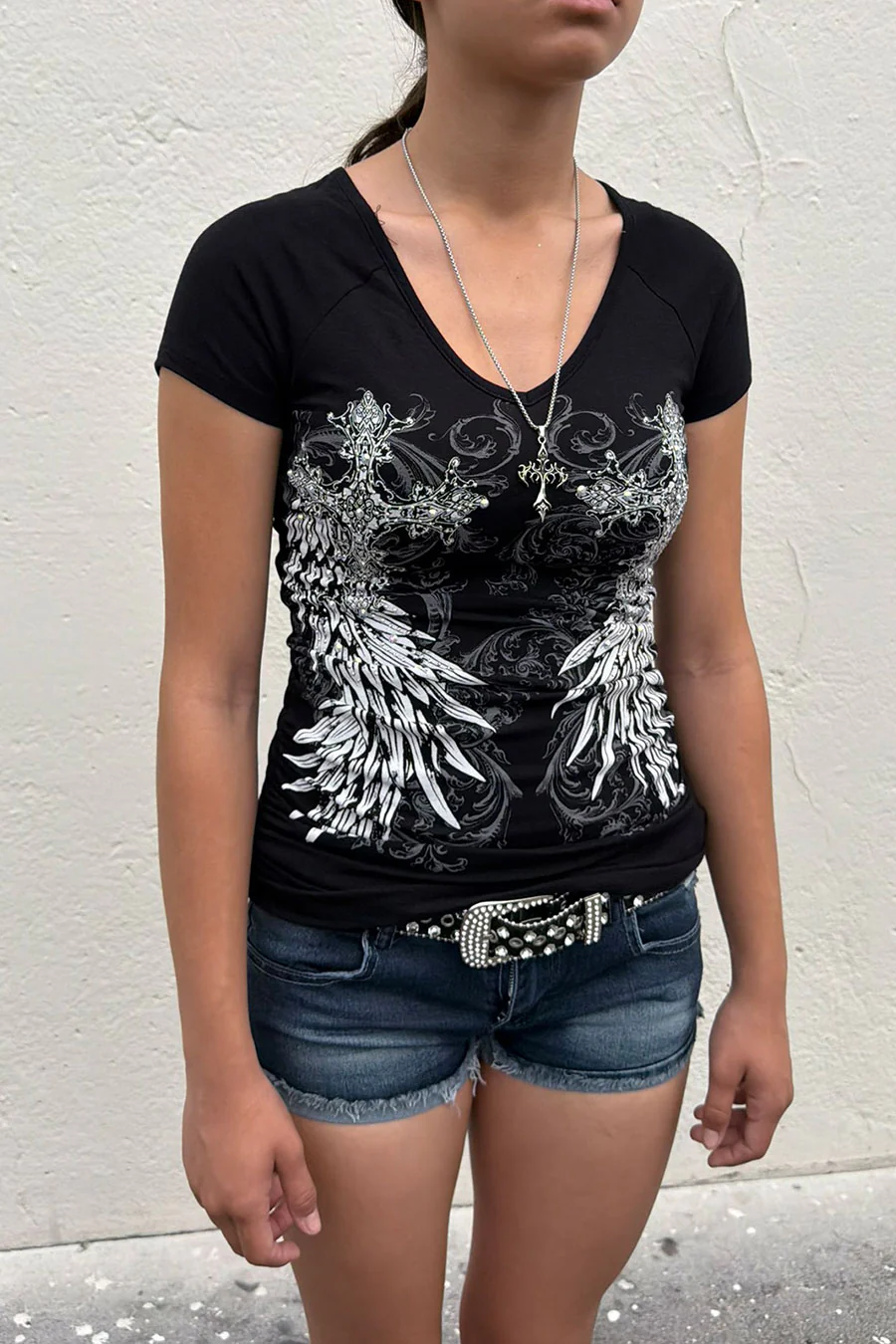 Y2K McBling Wing & Cross Rhinestone Print V-Neck Short Sleeve Side Shirred Biker Top