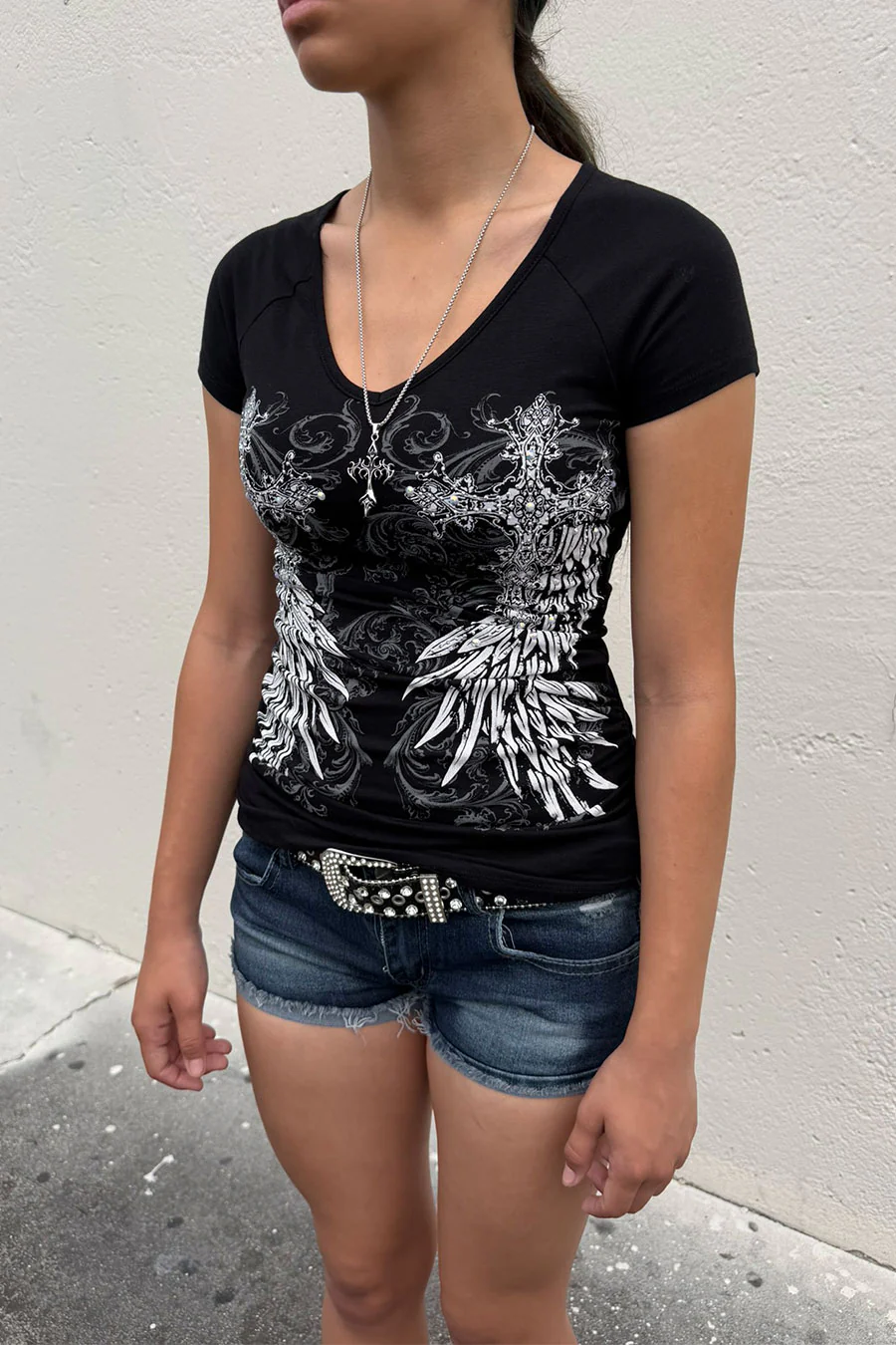 Y2K McBling Wing & Cross Rhinestone Print V-Neck Short Sleeve Side Shirred Biker Top - Image 3