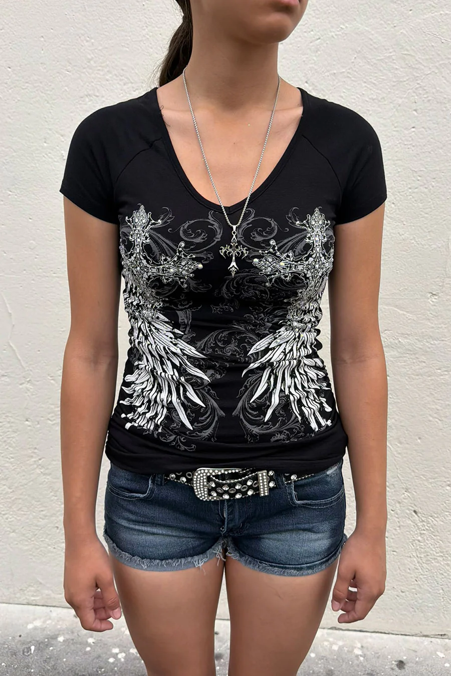 Y2K McBling Wing & Cross Rhinestone Print V-Neck Short Sleeve Side Shirred Biker Top - Image 4