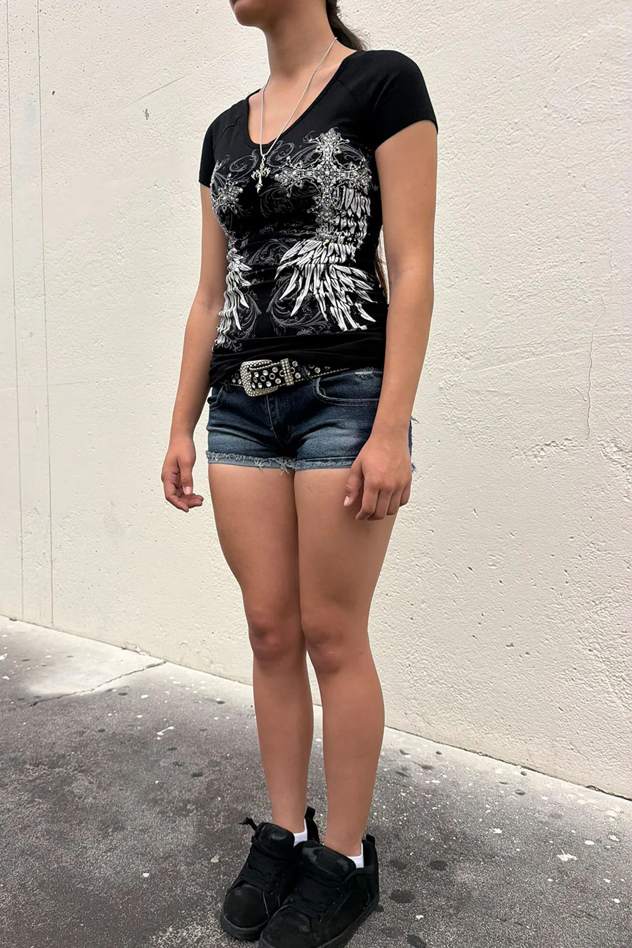 Y2K McBling Wing & Cross Rhinestone Print V-Neck Short Sleeve Side Shirred Biker Top - Image 5