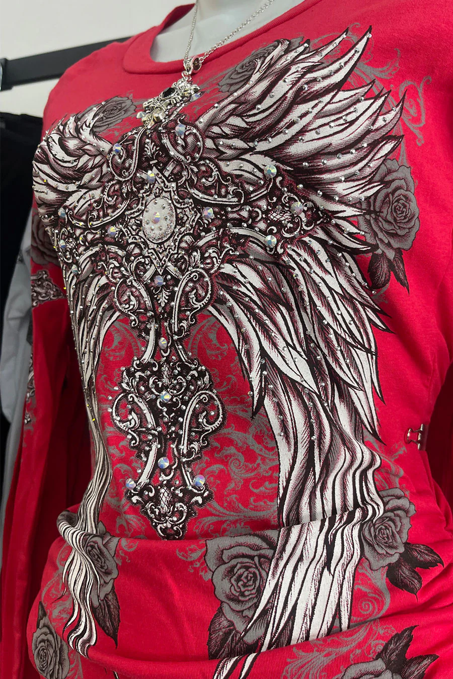 Y2K McBling Wing & Rose Graphic Rhinestone Print Side Shirred Long Sleeve T-Shirt - Image 10