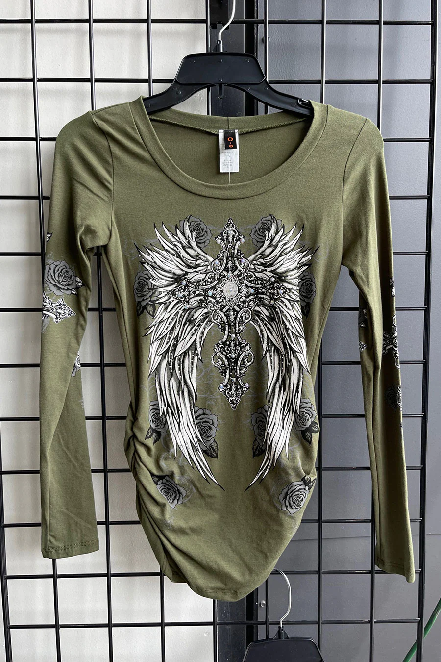 Y2K McBling Wing & Rose Graphic Rhinestone Print Side Shirred Long Sleeve T-Shirt - Image 11